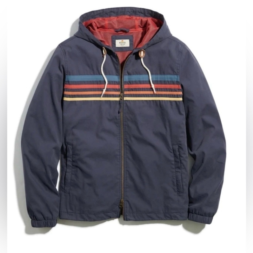 Marine Layer Navy Windbreaker with Red, Blue, Yellow Stripe Accents